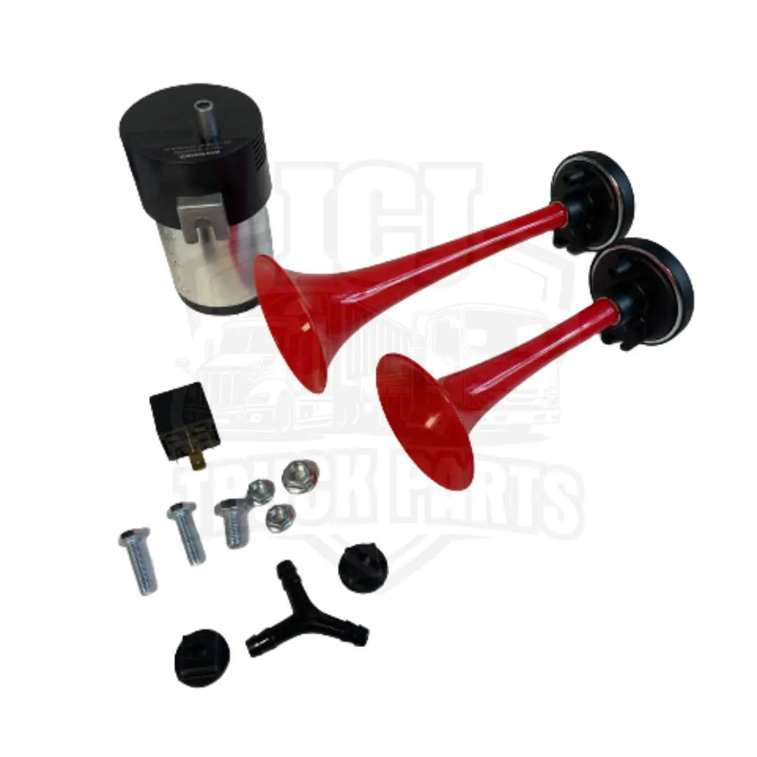 Universal Electromagnetic Horn SUPERLOUD Dual Air Horns 12 Volts Color Red / Chrome High Powered Compressor Fits Isuzu icjtruckparts
